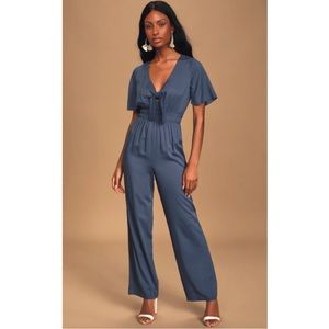 NWT Lulus Here To Love Denim Blue Tie-Front Jumpsuit Size L